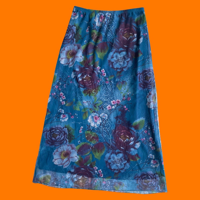 90's vintage blue mesh digital floral photo print maxi skirt MEDIUM zdjęcie 3