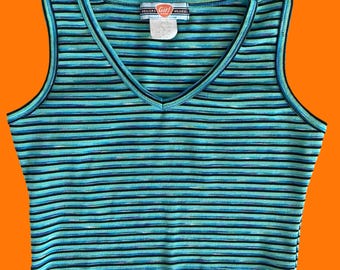 90er Vintage gestreiftes, figurbetontes Strickoberteil mit V-Ausschnitt