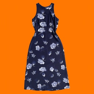 90&#39;s vintage navy blue abstract floral print high neck sleeveless maxi dress LARGE byer too!