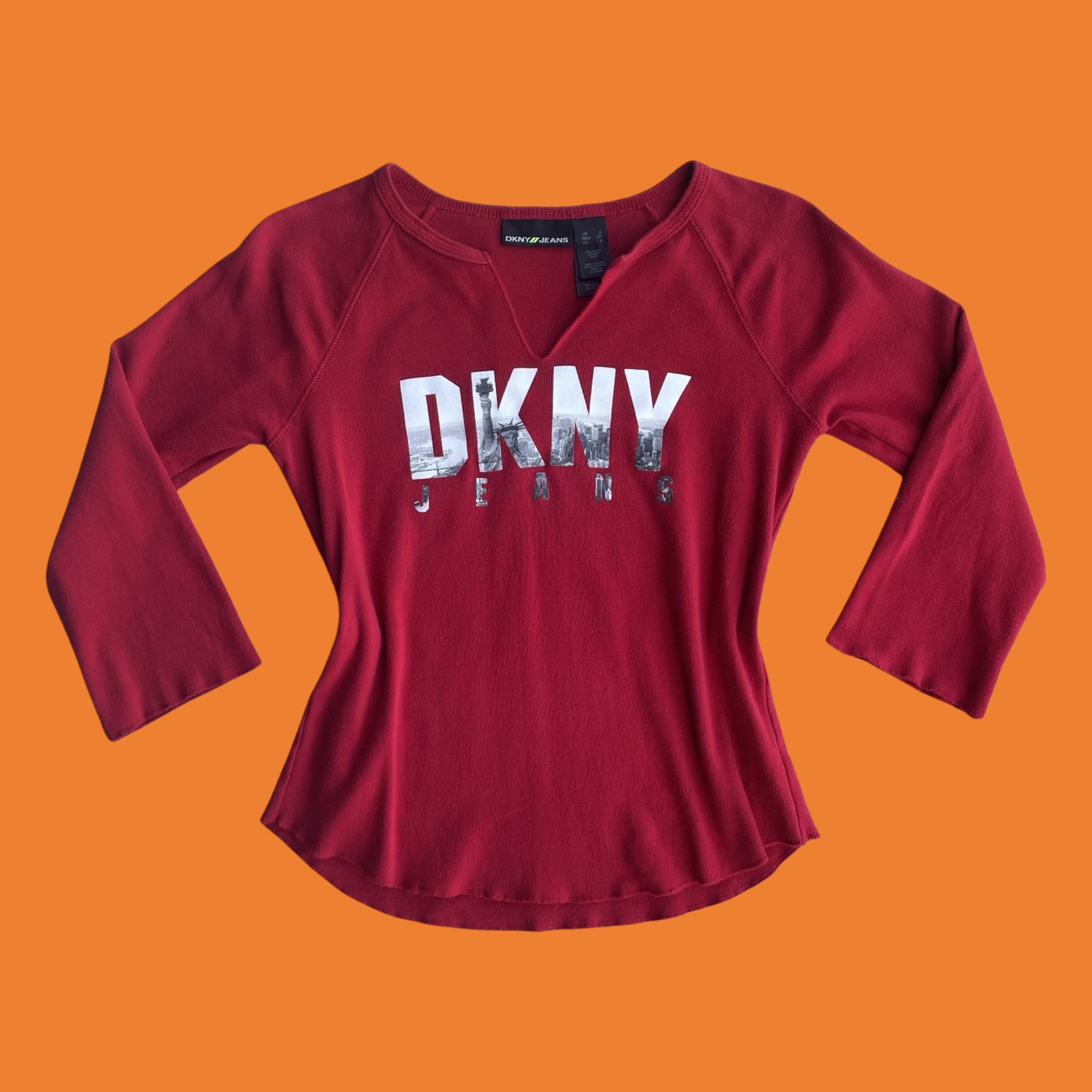 90's 00's Vintage Red NYC Skyline Logo 100% Cotton Y2k 3/4 Sleeve