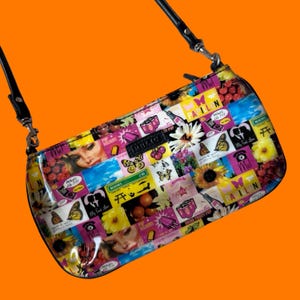 90&#39;s 00&#39;s vintage photo print floral cherry nostalgia soda pop cyber novelty rave mcbling kitschy y2k purse handbag  8.25&quot; x 1&quot; x 4.5&quot;