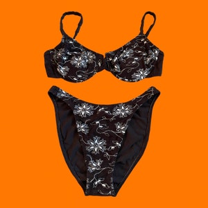 90&#39;s vintage dark brown faux suede floral embroidered hi cut high leg bikini LARGE point conception