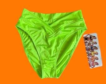 Slip bikini vintage anni '90 verde neon a vita alta, sgambatura alta, taglia L *nuovo di zecca*