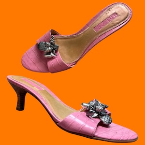 00&#39;s vintage baby pink reptile print fruit embellished coquette soft girl y2k kitten heels mules US 6.5 unisa
