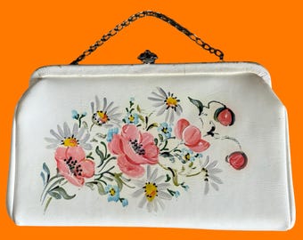 Bolso de mano vintage blanco con estampado floral de los años 50 y 60, estilo Hollywood clásico *defectos* Lily Bet