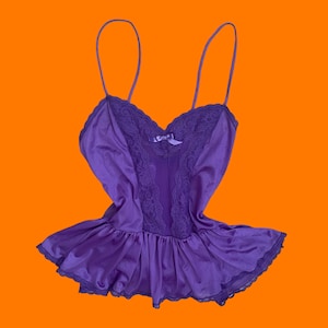 80&#39;s 90&#39;s vintage purple nylon sheer lace trim mesh peplum camisole tank top lingerie top SMALL
