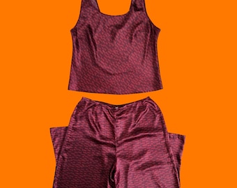 Conjunto de pijama vintage de satén rojo estilo años 2000, 2 piezas, talla grande, Victoria's Secret