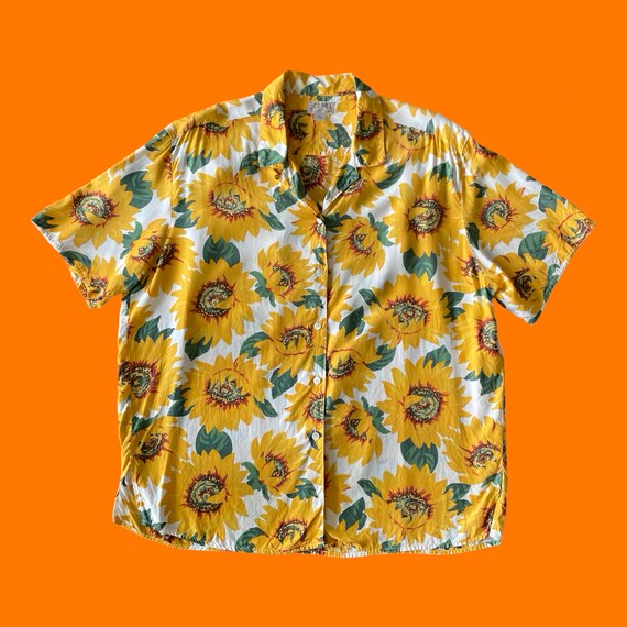 90's vintage sunflower floral print collared shor… - image 3