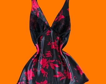 00's vintage black and red satin floral vampy y2k lingerie slip dress MEDIUM