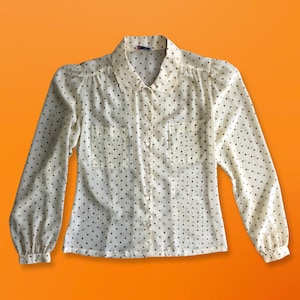 70&#39;s 80&#39;s vintage sheer long sleeve brown polka dot collared button up blouse SMALL college town