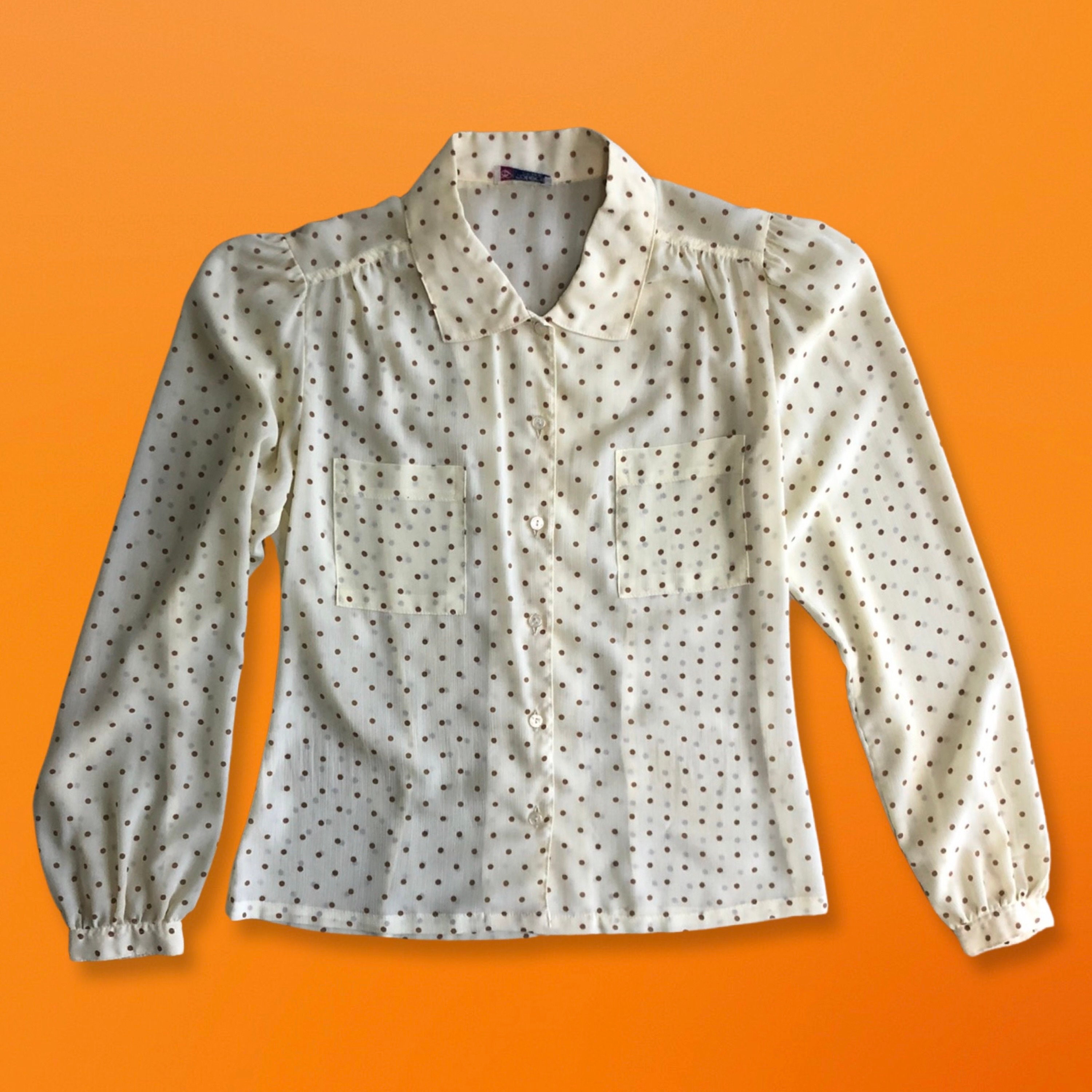 70er 80er Vintage schiere lange Ärmel braun gepunktete Bluse mit Kragen SMALL College Town