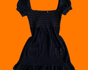 00&#39;s vintage black terry cloth smocked y2k baby doll mini dress SMALL juicy couture