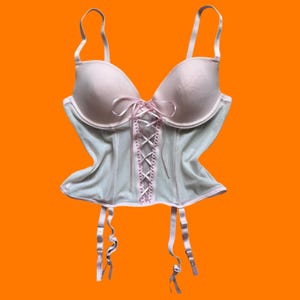 00&#39;s vintage baby pink mesh sheer lace up coquette soft girl fairy y2k bustier corset lingerie crop top with garters MEDIUM