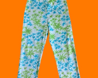 Pantalones capri ajustados estilo años 2000 con estampado de palmeras blancas, talla 6.
