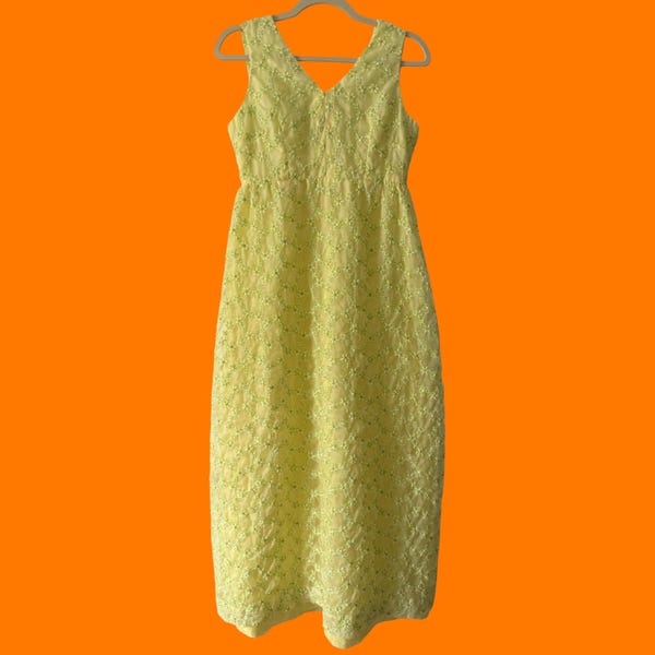 60's vintage groovy psychedelic yellow and green daisy floral embroidered sleeveless maxi dress MEDIUM