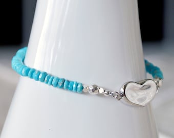 Sleeping Beauty Turquoise Bead Bracelet Rhodium Sterling Silver Heart Clasp