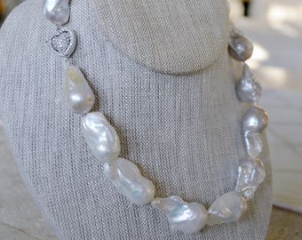 Genuine Giant Large Hand Knotted Baroque White Fresh Water Pearl Necklace with Rhodium over Sterling Silver Cubic Zirconia Heart Easy Clasp