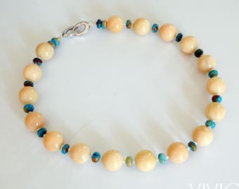 Natural White Cream Amazonite Peruvian Opaline Rondell Seed Pearl Sterling Silver Large Clasp Necklace