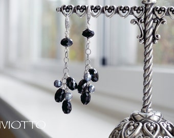 Dangle Faceted Black Spinel Bead Grey Silver Pearl Cluster Link Chain Rhodium Sterling Silver Earrings with Cubic Zirconia Ear Wires