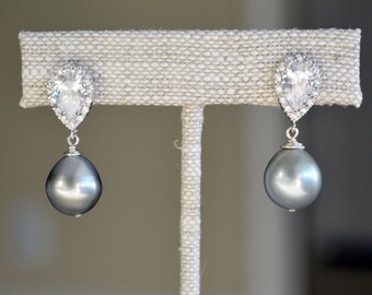 Baroque Teardrop Off Round Tahitian Silver Pearl Rhodium Sterling Silver Dangle Post Earrings with Cubic Zirconia Diamond Like Stones