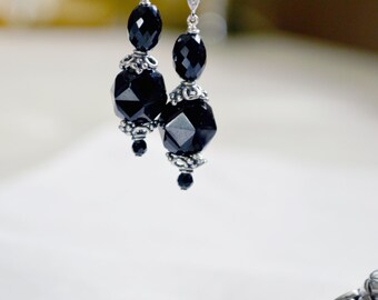 Dangle Oval Round Black Spinel Bead Oxidized Sterling Silver Earrings With Rhodium Silver Diamond Like Cubic Zirconia Ear Wires