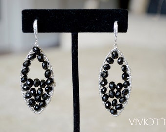 Black Spinel Diamond Like Cubic Zirconia Rhodium Sterling Silver Elongate Hoop Wire Wrapped Dangle Drop Statement Earrings