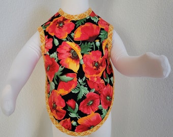 Poppies Baby Bib / Bapron / Red Floral on yellow background / Terry cloth backing/ Cute / Reversible / Yellow Plaid trim / Poppy