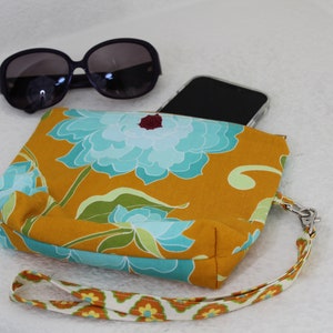 Pretty golden and turquoise floral Zipper Clutch Purse / Cosmetic Bag w removable strap / Wristlet / Padded Pouch / Bag / Lobster claw strap