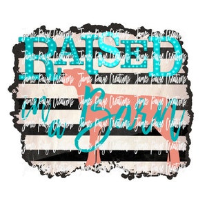 May include: A pink silhouette of a dog with the text "RAISED IN A BARN" in turquoise blue with white outlines and light bulbs. The background is a black and white striped pattern.