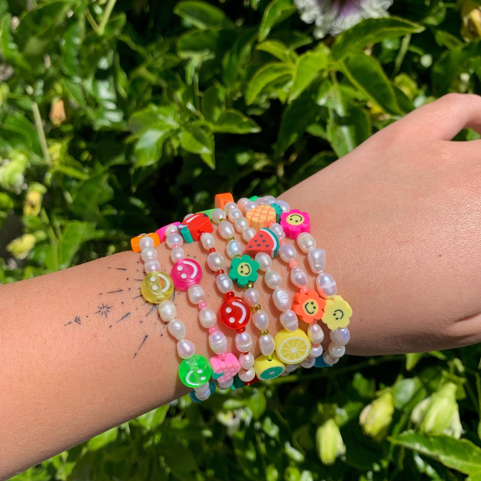 Smiley Face Fruit Bracelet Pearl Beaded Bracelet Rainbow Etsy