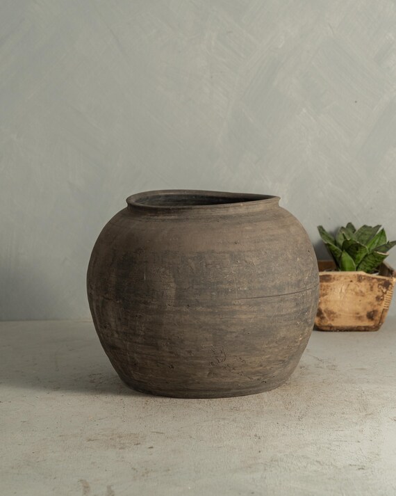 Large Vintage Grey Wabi-Sabi Clay Pot – Organic Rustic Vessel {G2} (Free Shipping)