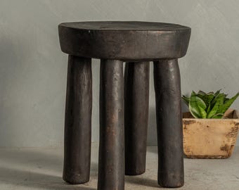 Vintage Four-Leg African Senufo Stool • Hand-Carved Tribal Wood • Rustic Accent Side Table {S2} (Free Shipping)