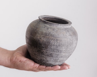 Vintage Clay Pot Terracotta Antique Pottery Wabi Sabi Black / Grey Small