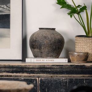 Rustic Vase Vintage Clay Pottery In Black and Grey with No Handles (Free Shipping)