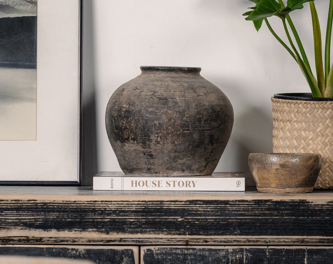Rustic Vase Vintage Clay Pottery In Black and Grey with No Handles