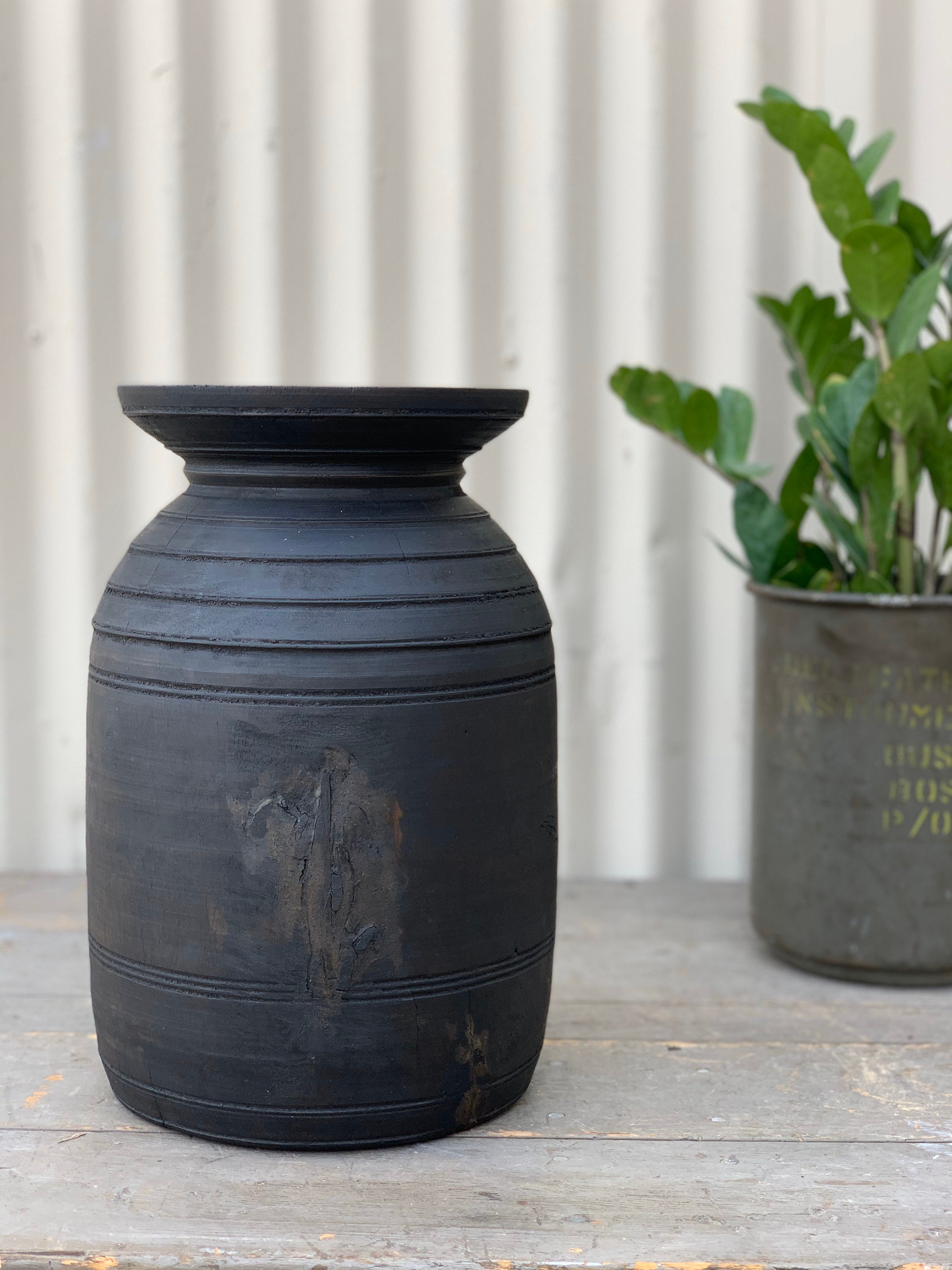 Black Rustic Wooden Vase or Vessel