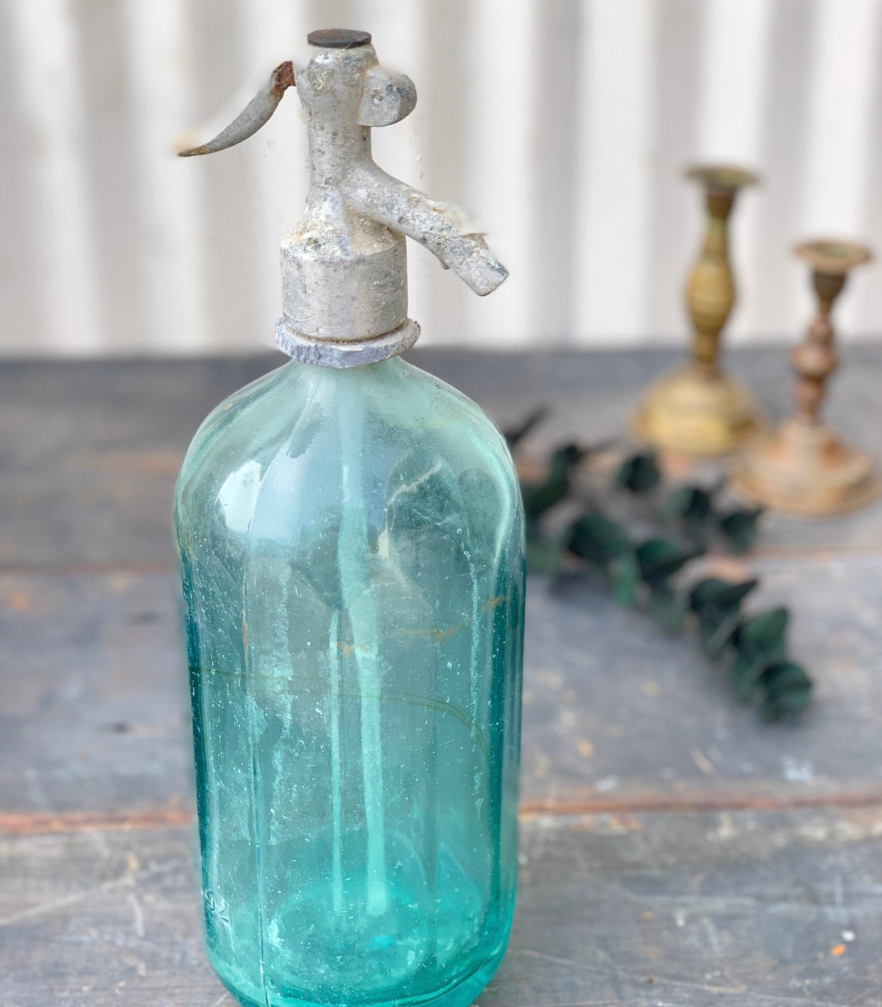 Vintage Aqua Seltzer Bottle with Deco Design