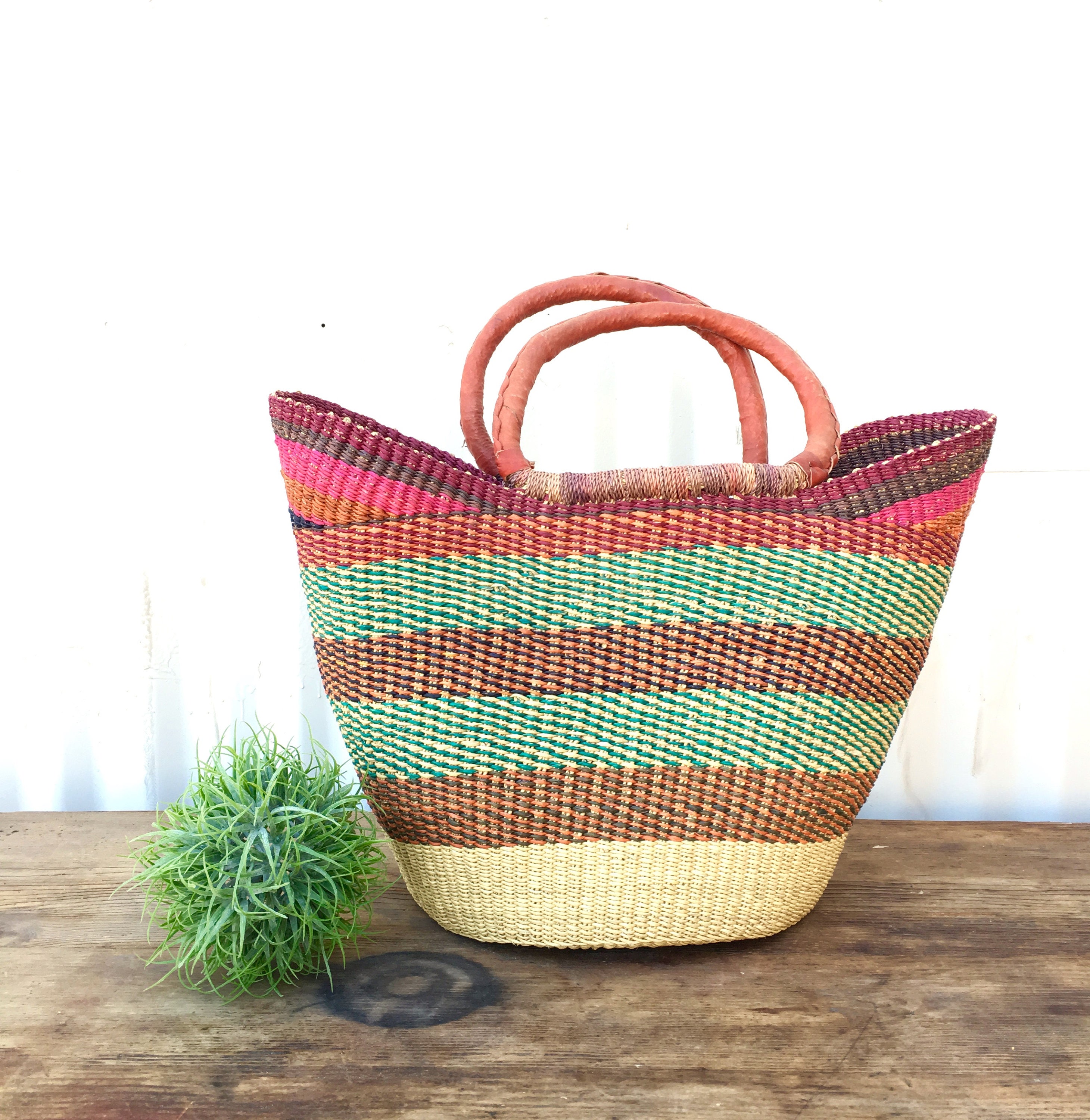 Colorful Hand Woven African Basket or Grocery Tote