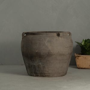 Large Vintage Grey Wabi-Sabi Clay Pot – Organic Rustic Vessel {G2} (Free Shipping)