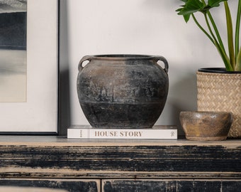 Handcrafted Clay Vintage Vase Rustic Pottery In Black and Grey with Handles (Free Shipping)