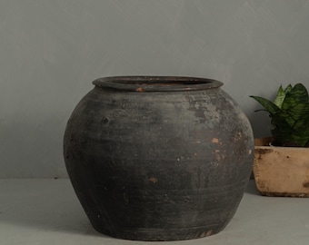 Vintage Clay Pot Black and Grey Large / Medium (Free Shipping)