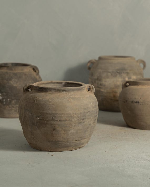 Vintage Vase Rustic Handcrafted Clay Pot In Black and Grey with Handles