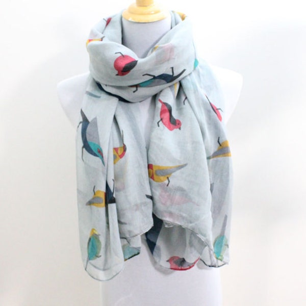 Gray Cute Little Bird Scarf, Colorful Bird Scarf, Scarf For Women, Scarf Gift, Scarf Bird, Scarf Women, Gift for Women, Christmas Gifts
