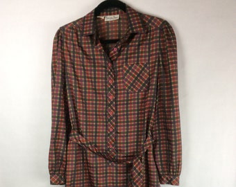 Vintage 70s 80s Schrader Sport Burgundy Plaid Belted Shirt Dress Sz 10