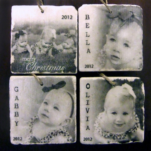 Personalized Photo Ornaments - Set of 4 - Tumbled Marble 2in. x 2in. - Holiday Ornaments - Christmas Ornaments