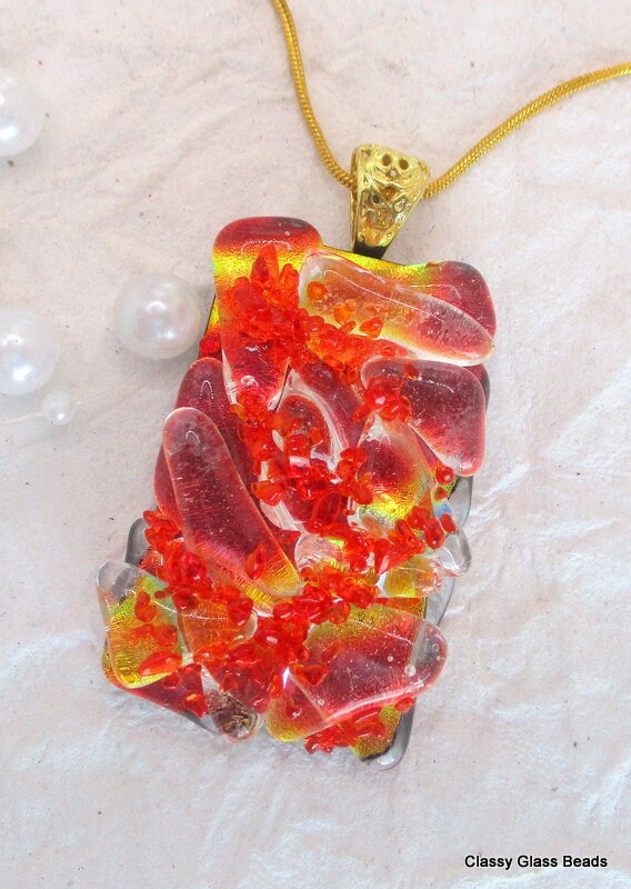 Handmade Fused Glass Jewelry Red Gold Dichroic Glass Pendant statement