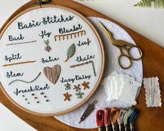Basic Stitch Sampler DIY Embroidery Kit for Beginners, Learn 10 Common Embroidery Stitches with Video Tutorial