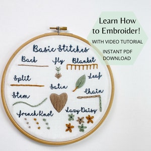 Grundläggande broderistygnsprov PDF direkt digital nedladdning, DIY, handbroderi för nybörjare, lär dig handbroderi