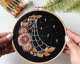 Moody Florals Embroidery Kit with Video Tutorial - Beginner Friendly - Glow in the Dark - Pattern Stamped on Fabric