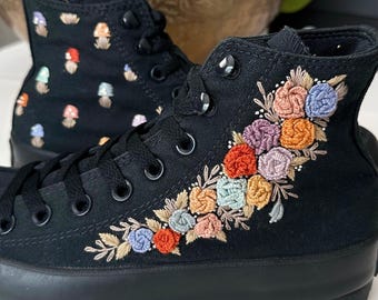 Hand Embroidered Converse High Top Luggs - Roses & Mushrooms - women’s size 9